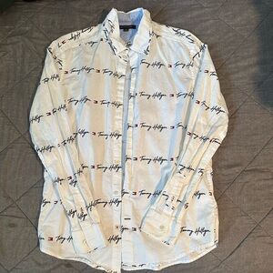 Large, white Tommy Hilfiger button-up shirt